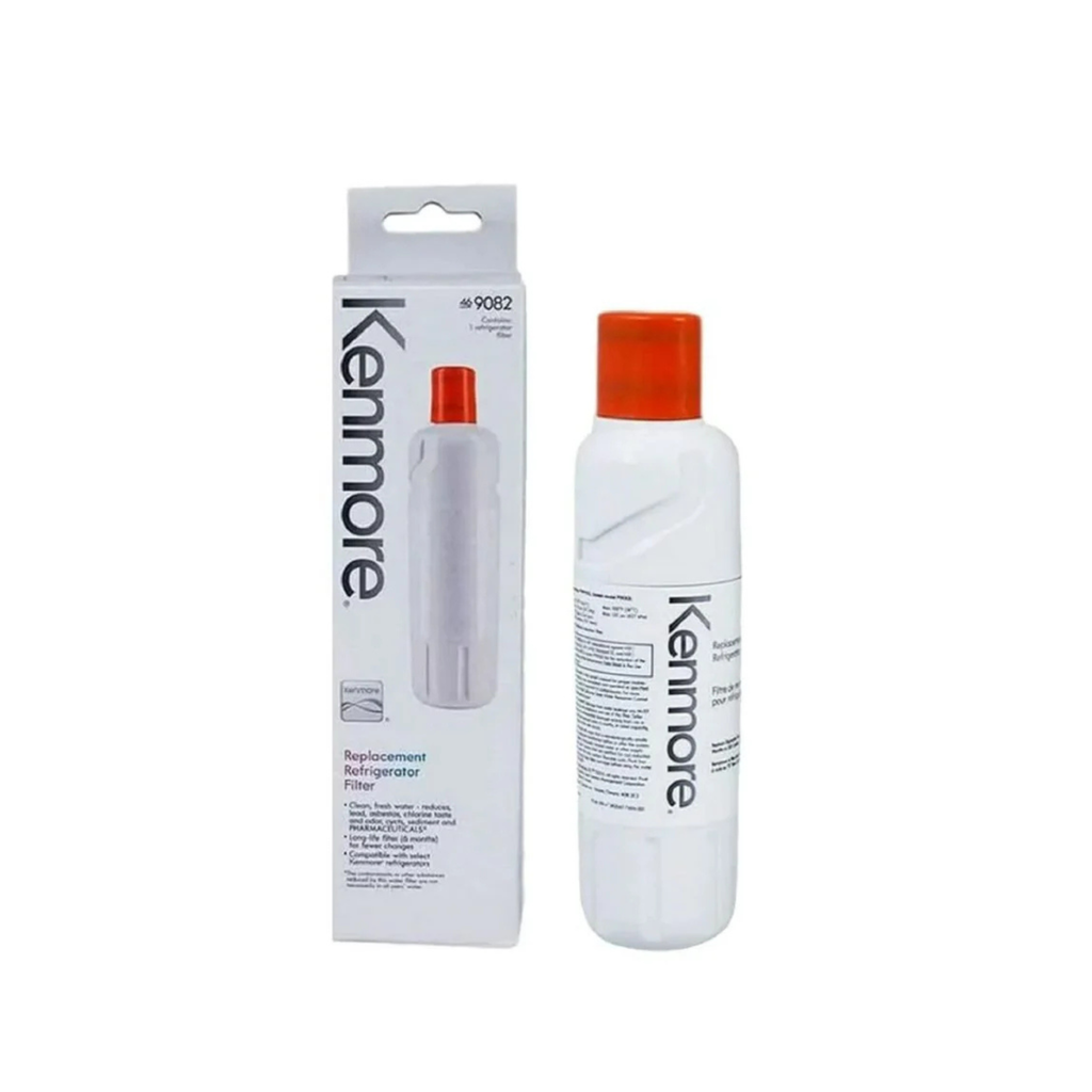 Kenmore replacement refrigerator filter with white bottle and red cap, shown next to its box featuring the brand name and product details.