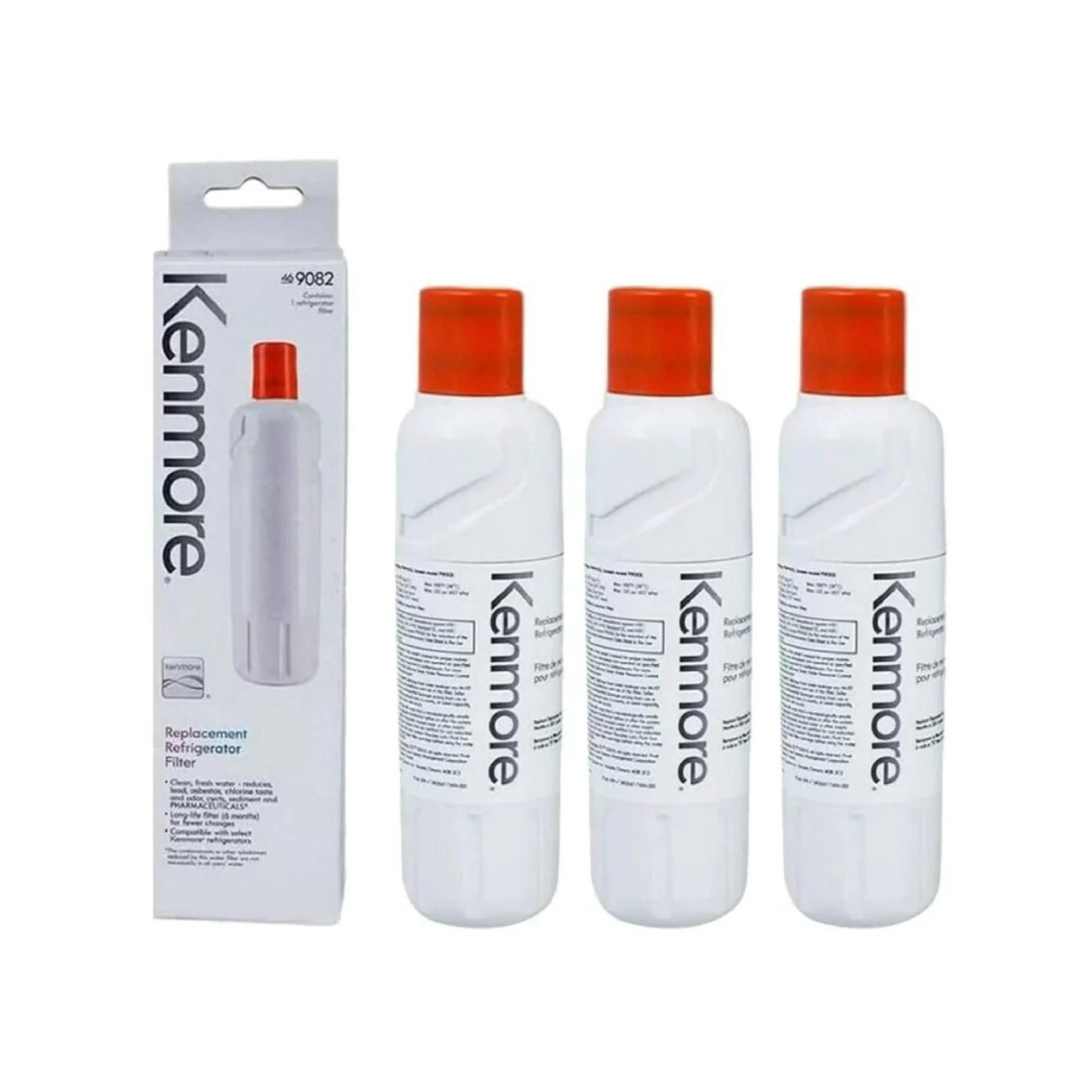 Kenmore replacement filter packaging and three filters on a white background
