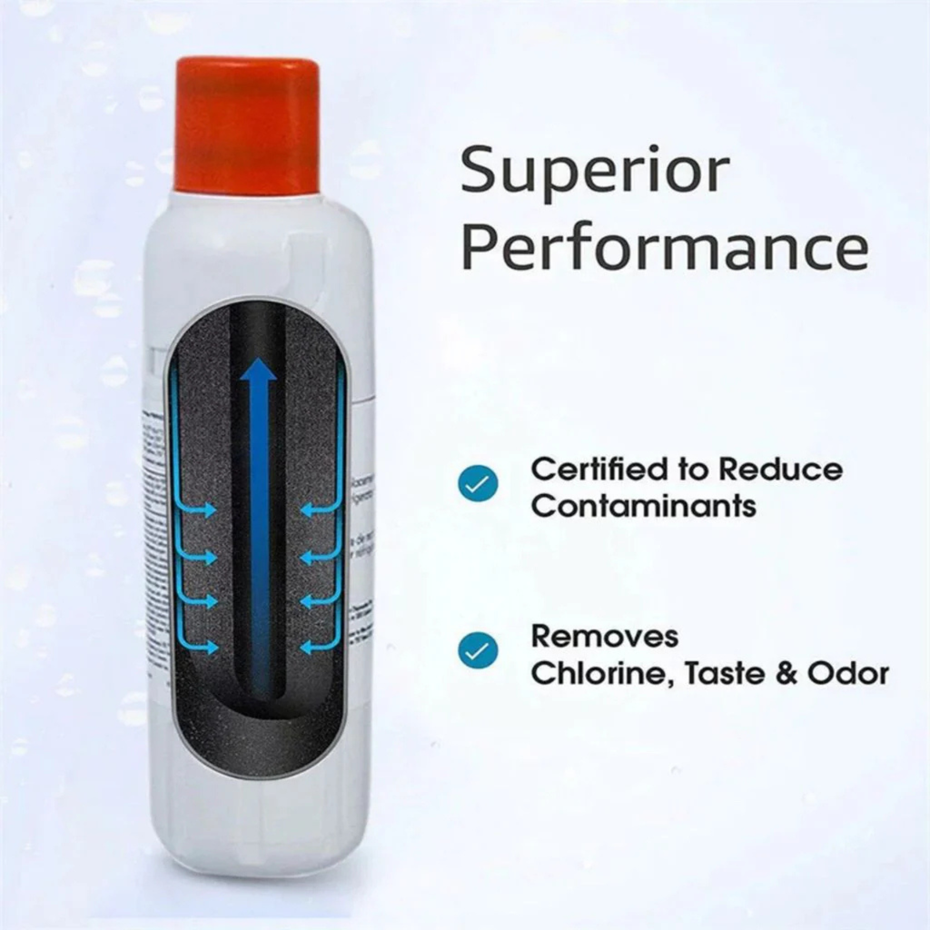Bottle with red cap and white body on a light blue background, featuring text about superior performance and product features.